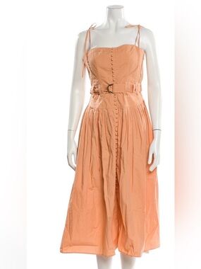 Ulla Johnson Peach Button-Front Midi Dress with D-Ring Belt